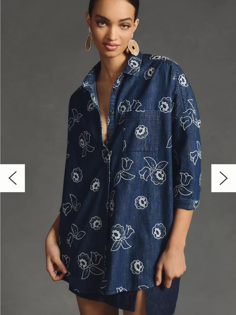 Maeve Anthropologie Blue Floral Embroidered Denim Button-Up Shirt OVERSIZED M-L - Picture 4 of 10